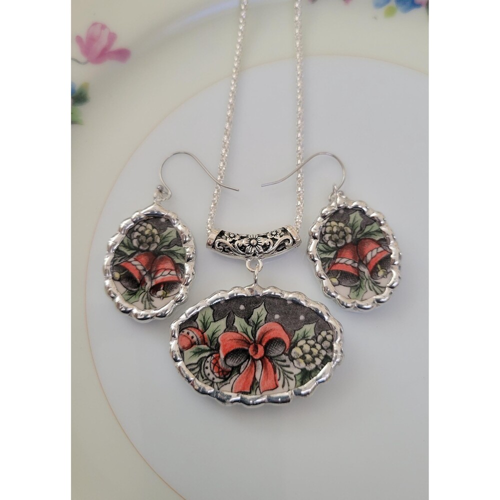 Broken China Jewelry Set Royal Staffordshire Christmas Necklace Dangle Earrings
